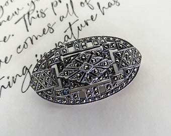 Vintage Sterling Silver Oval Marcasite Brooch