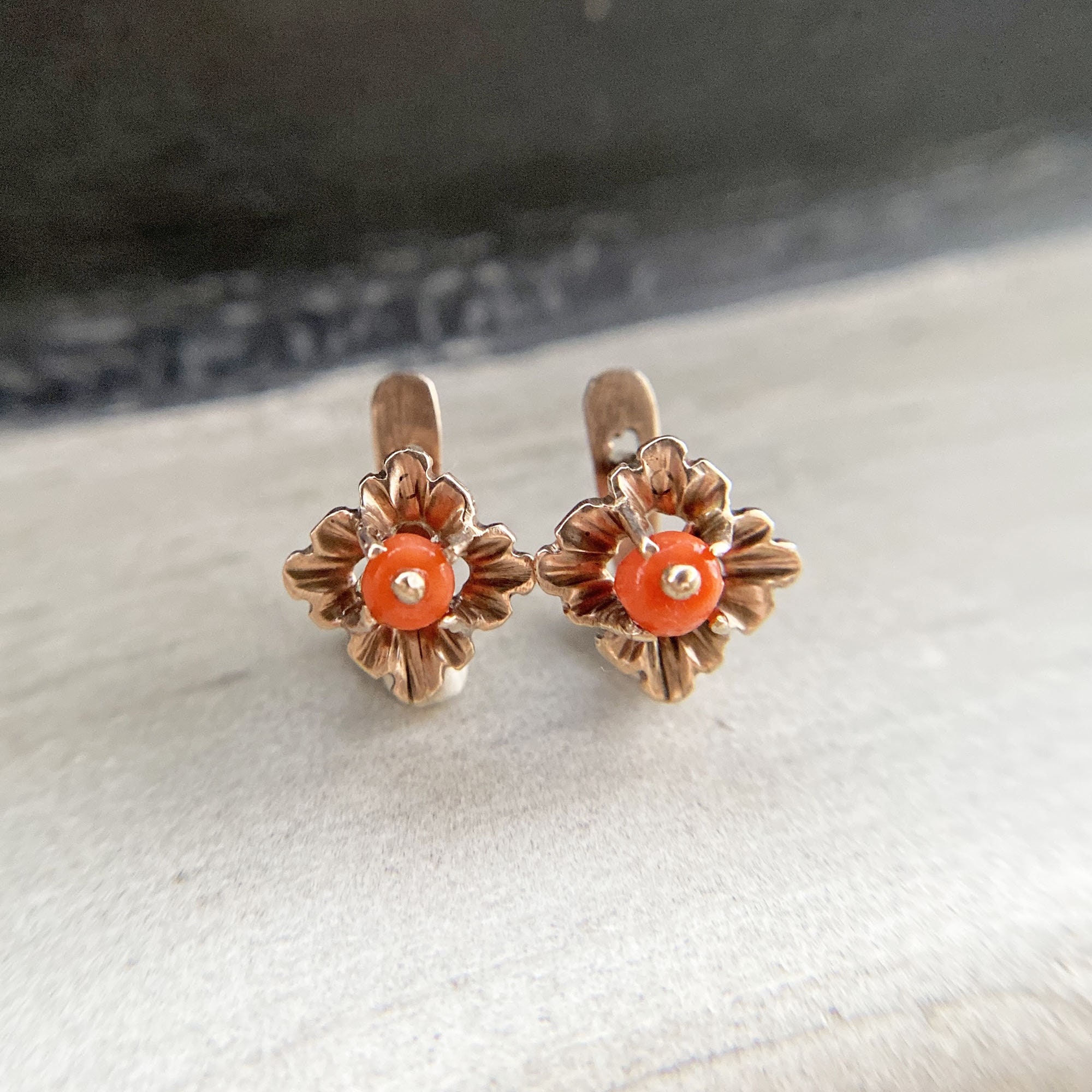 Small Vintage 8K Gold Coral Earrings From the Philippines 