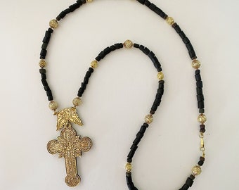 Big Antique 14K Gold Cross with 18K Gold Tamburin Beads and Vintage Black Glass Beads