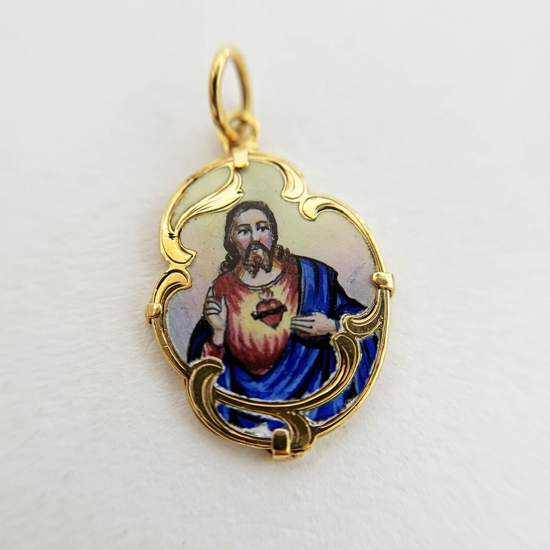 Vintage 14K Gold Sacred Heart of Jesus Enamel Pendant - Etsy