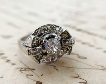 Vintage 18K White Gold with Big Old Mine Cut Diamond, Single Cut Diamonds and White Sapphires (US Ring Size 5.5)