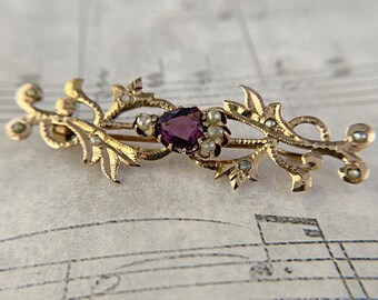 Antique 10K Gold Victorian Brooch with Violet Synthetic Stones and Seed Pearls