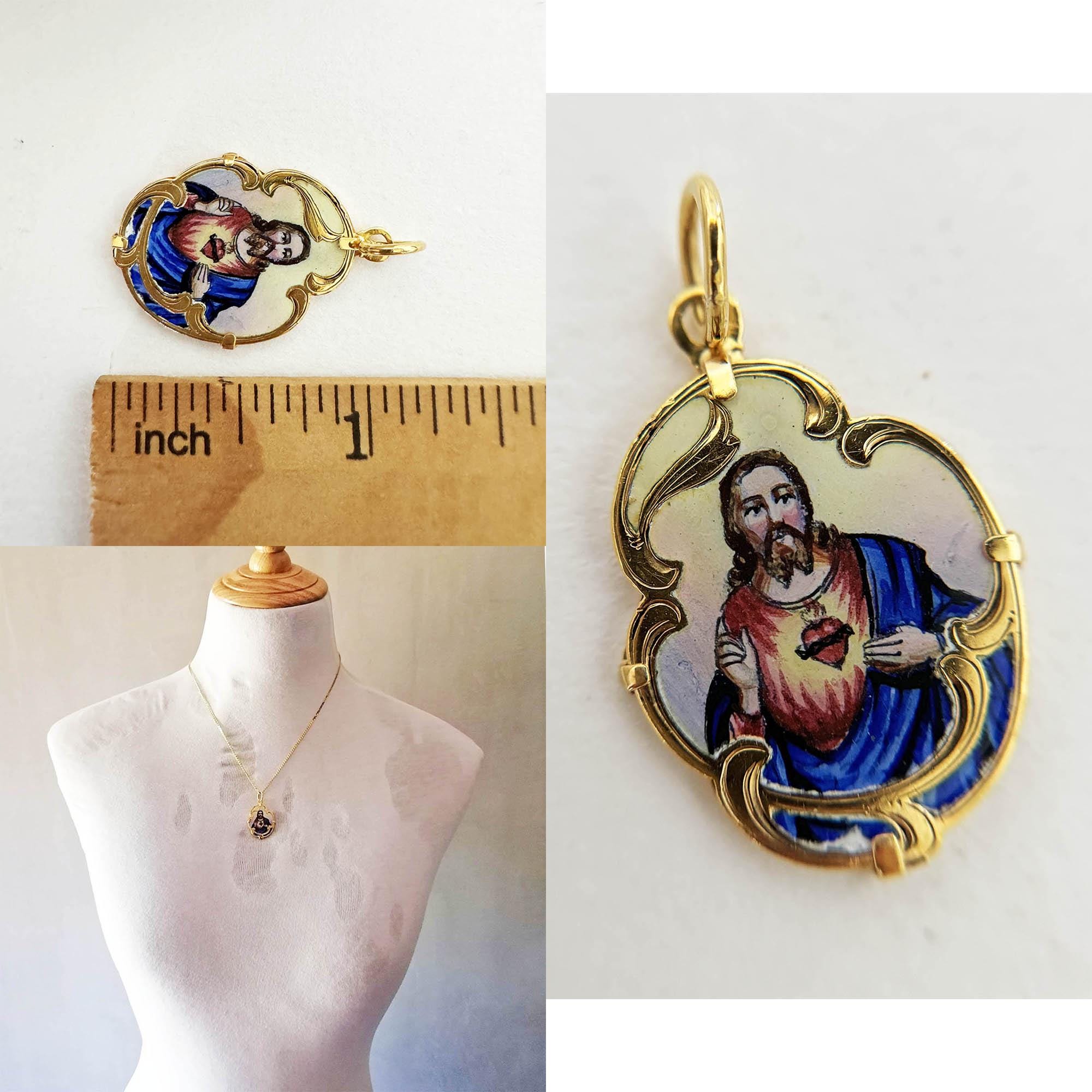 Vintage 14K Gold Sacred Heart of Jesus Enamel Pendant - Etsy