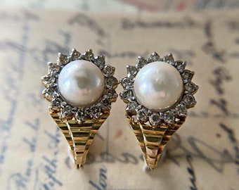 Vintage 14K Gold Pearls with Tiny Diamonds Earrings from the Philippines