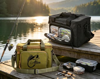 May include: An olive green fishing tackle bag with a black fish graphic and the name Allen printed on the front, alongside a black tackle bag containing clear plastic storage boxes, a fishing rod, and various loose fishing lures and gear.