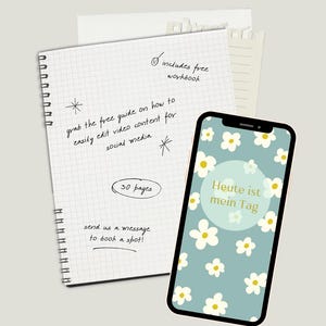 以下が含まれることがあります： 「grab the free guide on how to easily edit video content for social media」や「30 pages」といった手書き文字が書かれた方眼のリングノートと、花柄の背景に「Heute ist mein Tag」と表示されたスマートフォンの画像。