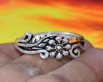 Handcrafted 925 Sterling Silver Floral Ring – Vintage Botanical Flower Statement Ring for Women