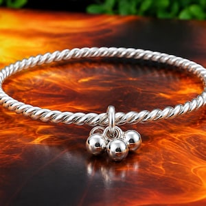 Silver Rope Ball Bangle | Sterling Silver Bracelet | Twisted Rope Cuff with Ball Ends | Minimalist Stackable Bangle | Handmade Jewelry Gift