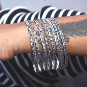 Set of 8 Silver Stackable Bangles | Oxidized Textured Bangle Set | Boho Tribal Wrist Jewelry | Minimalist Layered Bracelets |
