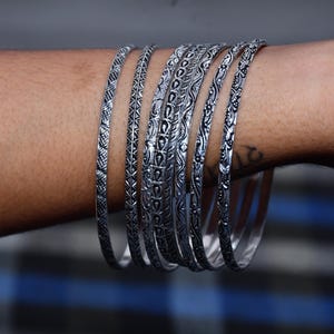 Oxidized Silver Bangle Set of 8 | Boho Tribal Stackable Bangles | Antique Engraved Bracelets | Ethnic Jewelry for Women