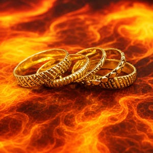 Könnte beinhalten: Ein Set aus vier goldfarbenen Metallringen, von denen jeder ein ausgeprägtes strukturiertes Oberflächenmuster aufweist, darunter Kreuzschraffuren, vertikale Rillen und kleine kreisförmige Vertiefungen, angeordnet in einer leicht überlappenden Reihe.