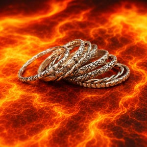 Könnte beinhalten: Ein Stapel aus sechs silberfarbenen Metallringen mit unterschiedlichen Texturen, darunter gedrehte, gehämmerte und gemusterte Designs. Die Ringe sind kaskadenförmig angeordnet und zeigen individuelle Details wie Kreuzschraffuren und seilartige Strukturen.