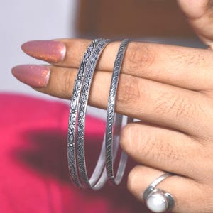 Textured Sterling Silver Bangle Set | Minimalist Stackable Kada | Handmade Boho Bracelet Gift for Her