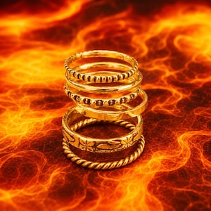 Könnte beinhalten: Ein Stapel aus sechs goldfarbenen Metallringen mit verschiedenen Texturen und Designs, darunter glatte Bänder, Perlenmuster, ein gedrehter Kordelstil und ein Band mit eingraviertem Blumenmotiv, die alle vertikal in einer Säule angeordnet sind.
