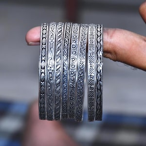 Set of 8 Oxidized Silver Stackable Bangles | Boho Tribal Engraved Bracelet Set | Minimal Ethnic Jewelry | Handmade Silver Bangle Set