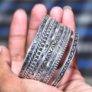 925 Sterling Silver Engraved Bangle Set | 9 Piece Boho Stackable Bracelet