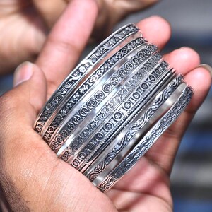 Set of 8 Sterling Silver Bangles, Engraved Celestial Moon Stars Floral Boho Bracelet