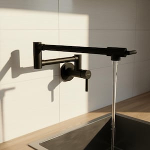 Wall Mount Pot Filler Faucet Kitchen Tap | Extendable Swing Arm | Chrome Matte Black Brass | Modern Home Chef Convenience | Kitchen Upgrade