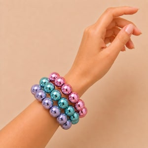 Pastell Metallic Perlenarmband Stapel 3er Set | Teal Lila Lila Rosa Stretch Armbänder Damen | Y2K Statement Armband Set | Spaß Schmuck Geschenk