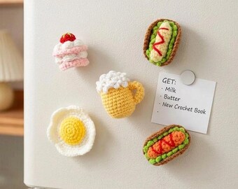 Crochet Food Fridge Magnets, Amigurumi Fried Egg, Hotdog, Beer, Cake Decorations