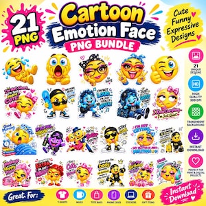 May include: A digital bundle of 21 cartoon emotion face PNG designs featuring yellow characters with various expressions, poses, and accessories. The image includes text such as Cartoon Emotion Face PNG Bundle, 21 Unique Designs, and High Quality 300 DPI.