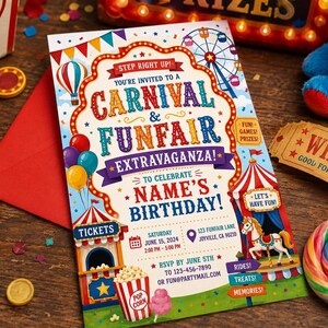 A colorful carnival-themed birthday invitation is surrounded by red tickets, a blue teddy bear, a "Winner" banner, and a rainbow lollipop.