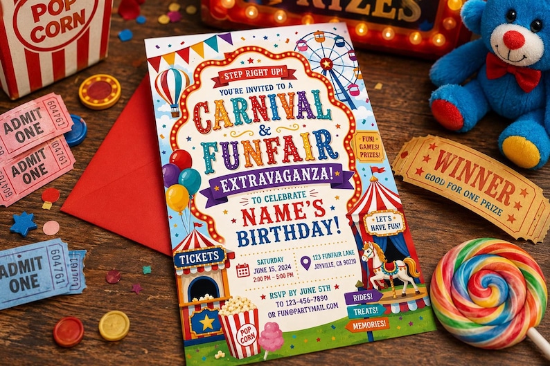 A colorful carnival-themed birthday invitation is surrounded by red tickets, a blue teddy bear, a "Winner" banner, and a rainbow lollipop.