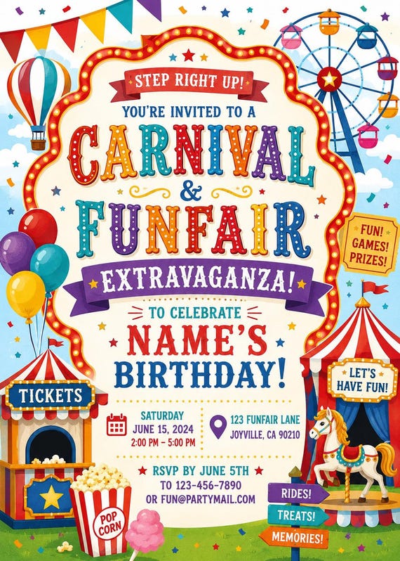 Carnival Invite for Birthday Party, Editable 5x7 Digital Download