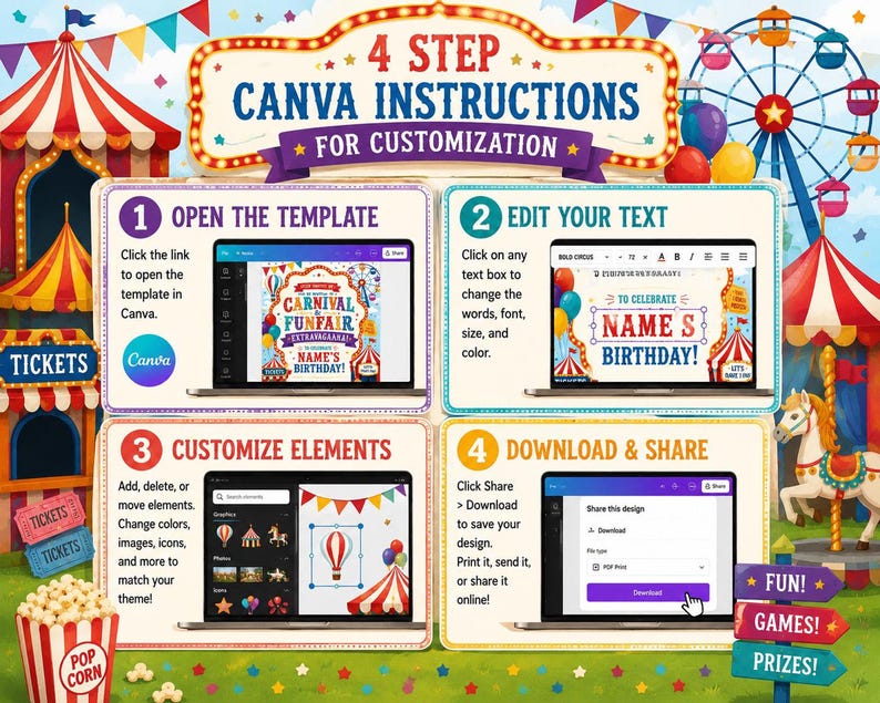 A four-step guide on how to customize a carnival-themed invitation using Canva, showing screenshots of the editing process.