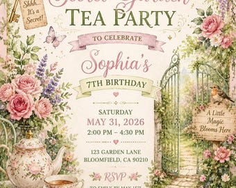 Uitnodiging voor een theekransje in de geheime tuin ter ere van Sophia's 7e verjaardag.
