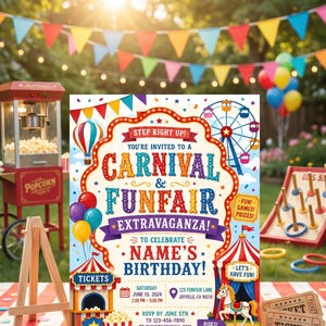 May include: A carnival-themed birthday party invitation template featuring colorful illustrations of a Ferris wheel, a carousel horse, balloons, and popcorn. The text reads: Step Right Up! You're Invited to a Carnival & Funfair Extravaganza!