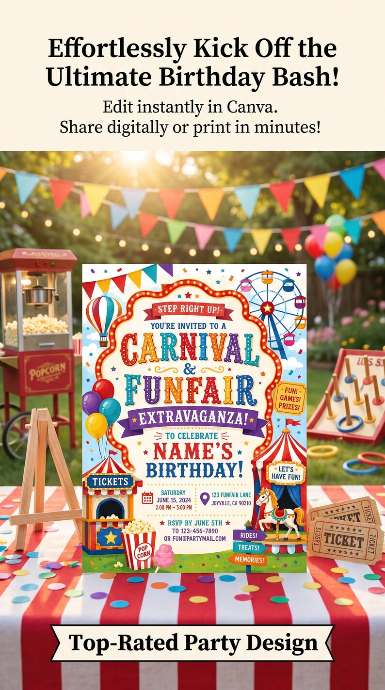 May include: A carnival-themed birthday party invitation template featuring colorful illustrations of a Ferris wheel, a carousel horse, balloons, and popcorn. The text reads: Step Right Up! You're Invited to a Carnival & Funfair Extravaganza!