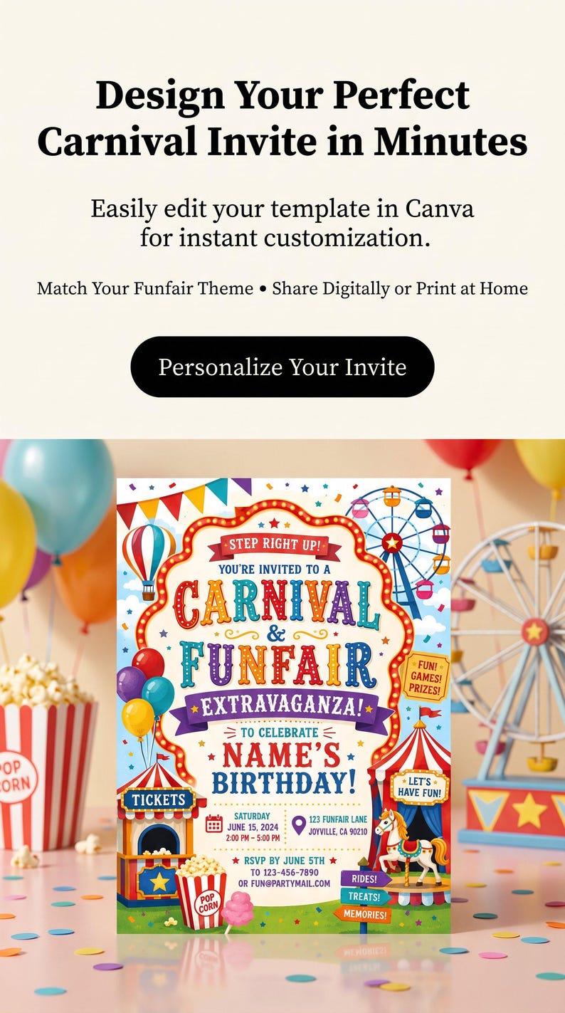 May include: A digital carnival and funfair birthday invitation template featuring colorful illustrations of a ferris wheel, hot air balloon, popcorn, and carousel horse. The text reads: Step Right Up! You're Invited to a Carnival & Funfair Extravaganza! To Celebrate Name's Birthday! Saturday June 15, 2024, 2:00 PM-5:00 PM, 123 Funfair Lane, Joyville, CA 90210. RSVP by June 5th to 123-456-7890 or fun@partymail.com.