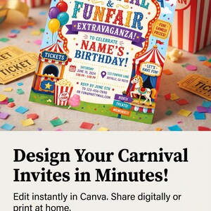 May include: A rectangular carnival and funfair birthday invitation card featuring a colorful circus tent, ferris wheel, hot air balloon, and popcorn graphics. The text reads: Step Right Up! You're Invited to a Carnival & Funfair Extravaganza!