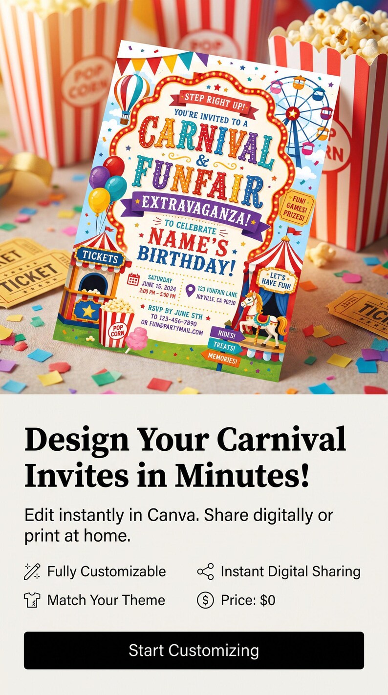 May include: A rectangular carnival and funfair birthday invitation card featuring a colorful circus tent, ferris wheel, hot air balloon, and popcorn graphics. The text reads: Step Right Up! You're Invited to a Carnival & Funfair Extravaganza!