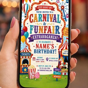 A hand holds a smartphone displaying a colorful carnival-themed birthday invitation with a Ferris wheel and circus tent.