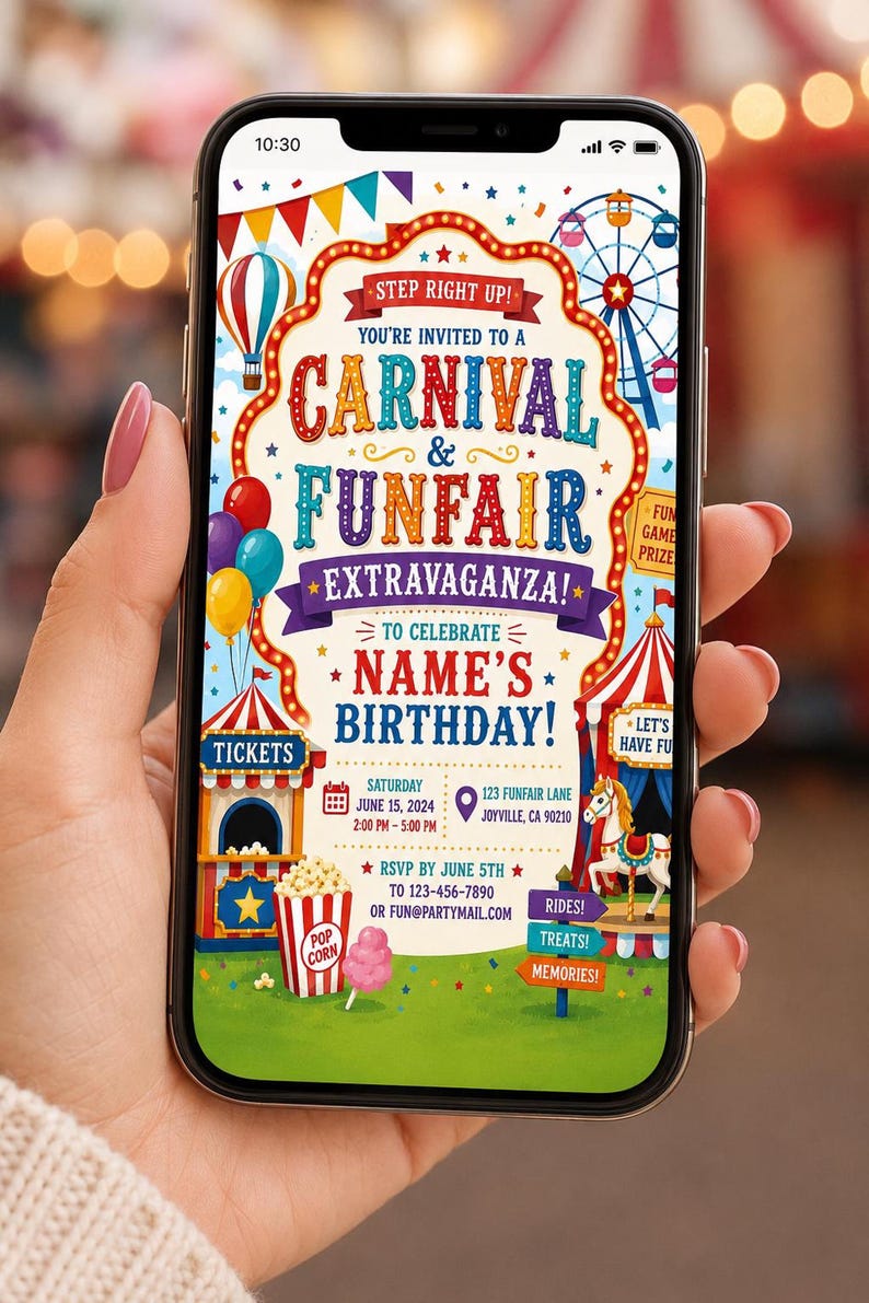 A hand holds a smartphone displaying a colorful carnival-themed birthday invitation with a Ferris wheel and circus tent.