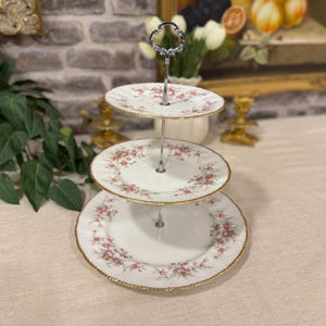 Royal Albert Victoriana Rose 3 Tier Cake Stand, Vintage English Bone China, Pink Roses, Afternoon Tea Display