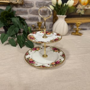 Royal Albert Old Country Roses 2 Tier Cake Stand, Vintage English Bone China, Gold Fittings, Afternoon Tea Display