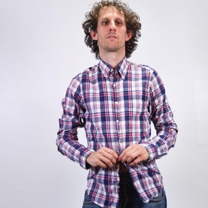 Vintage 00s Men&#39;s Poplin Cotton Casual Button Up Shirt / Red Blue Over White Checks / Lightweight Oxford Button Down Collar / Size S