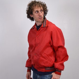 Vintage 80s Men&#39;s Cardinal Red Nylon Quilt Lined Windbreaker Baseball Jacket / Spring Coach Coat / Striped Elastic Collar Hem Cuffs / Size M