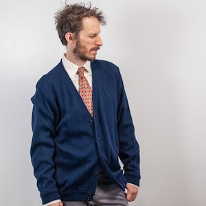 Men&#39;s Vintage 80s / Navy Blue Four Button Cardigan / Fits L