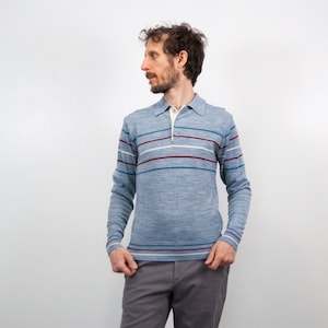 Vintage 70s / Heathered Blue Acrylic Mens Polo Shirt / Retro Stripes / Preppy College Wear / Back to School Attire / 70s Sweater/Size XS