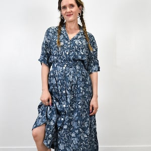 Vintage 90s Women&#39;s 2 Piece Rayon Blouse and Skirt Set / Blue Floral Elastic Waist Button Up Half Sleeve / Worthington / TWO SIZES M and XL