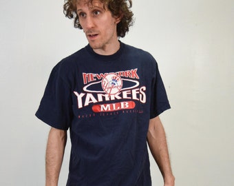 Vintage 90s Men's New York Yankees T Shirt / Navy Blue Baseball Shirt / Size L