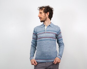 Vintage 70s Striped Acrylic Polo Shirt - Heathered Blue XS