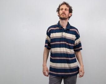 赤いポロシャツ 紺のストライプ付き ストライプポロシャツ：レトロな赤と青のバーシティスタイル - Etsy 日本