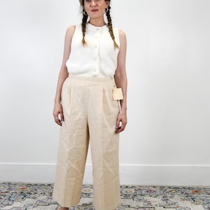 Vintage 80s Women&#39;s Pleated Linen Blend Natural Beige Pants by Weathervane / Baggy Beach Pants New NOS / Made in USA Italy / Size 12 Fits M