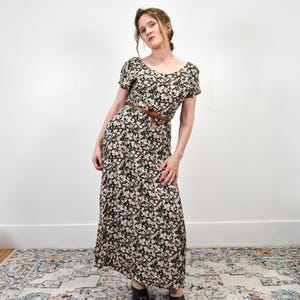 Vintage 90s Women&#39;s Rayon Spring Floral Maxi Dress / Pink White Calico Full Length Dress / Size 7 8 / Fits M / Made in USA / All That Jazz