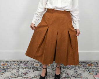 Vintage 90s Pleated Moleskin Skirt: Tobacco Brown Suede Feel, Fits L